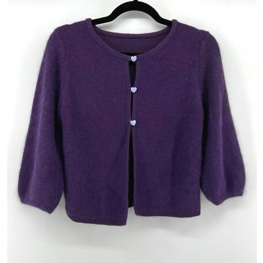 Angora Blend Cropped Cardigan Purple Heart Buttons 3/4 Puff Sleeve Women's S/M